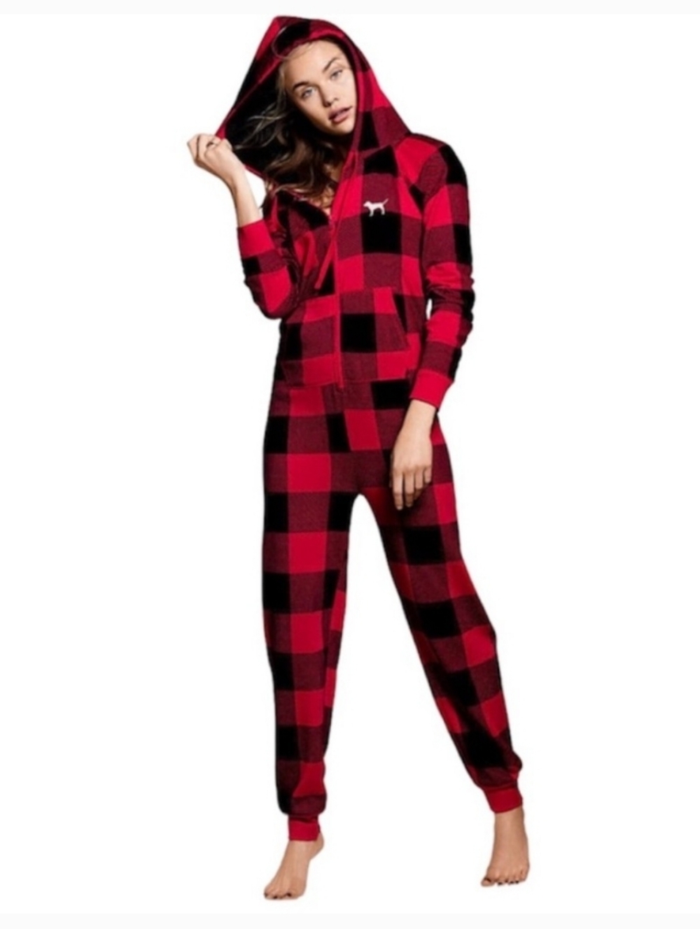 Pink Victoria's Secret Plaid Sherpa Lined Hooded Onesie Size M